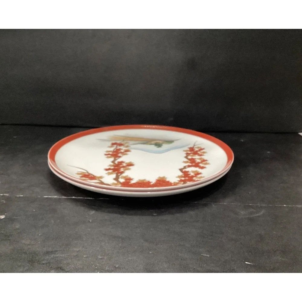 Arita China Art15 Rust Gold Leaves Branches-Trees/Hills-Dinner Plates Set of‎ 2